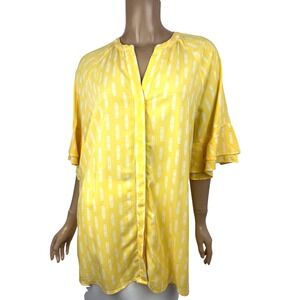 Matilda Jane Blouse Yellow/White Ruffled Short Sleeve Size M Button-Up 100%Rayon